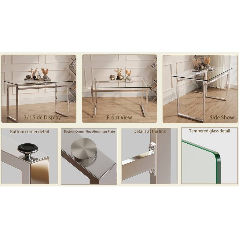 51" Modern Minimalist Rectangular Glass Dining Table for 4-6, 0.31" Tempered Glass with Silver Chrome Metal Legs - Transparent