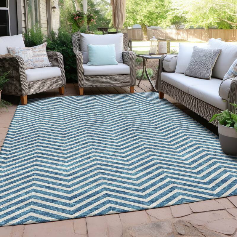 Machine Washable Indoor/ Outdoor Chantille Chevron Stripe Rug - Teal - 8' x 10'