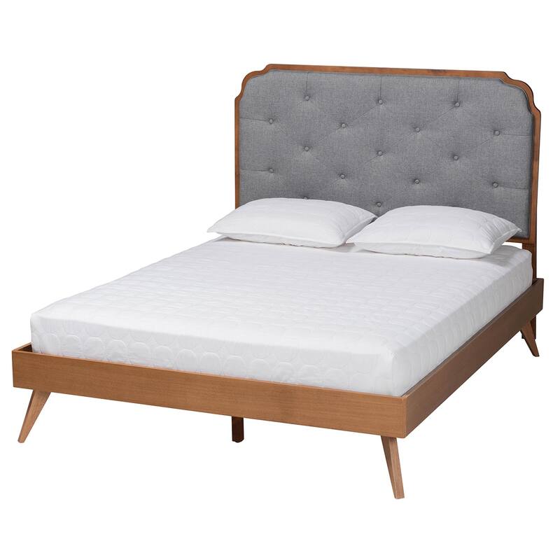 Lorana Mid-Century Modern Grey Fabric and Walnut Brown Wood Queen Size Platform Bed - King