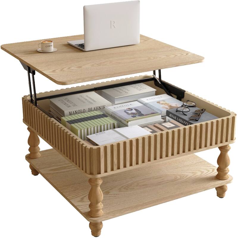 Roomfitters 31.5" Square Lift Top Coffee Table, Fluted Storage Center Table with Hydraulic Mechanism and Solid Wood Legs