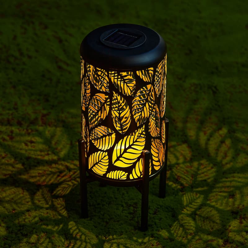 Glitzhome 14"H Outdoor Metal Cutout Flower/Leaves Solar Light Standing Lanterns Waterproof
