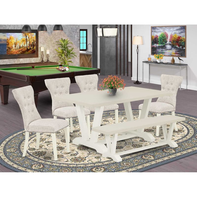 HomeStock 6-Pc Rectangle Natural Oak Finish Solid Wood Top Dining Table with 1-Bench, 4-Chairs