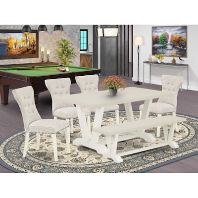 HomeStock 6-Pc Rectangle Natural Oak Finish Solid Wood Top Dining Table with 1-Bench, 4-Chairs