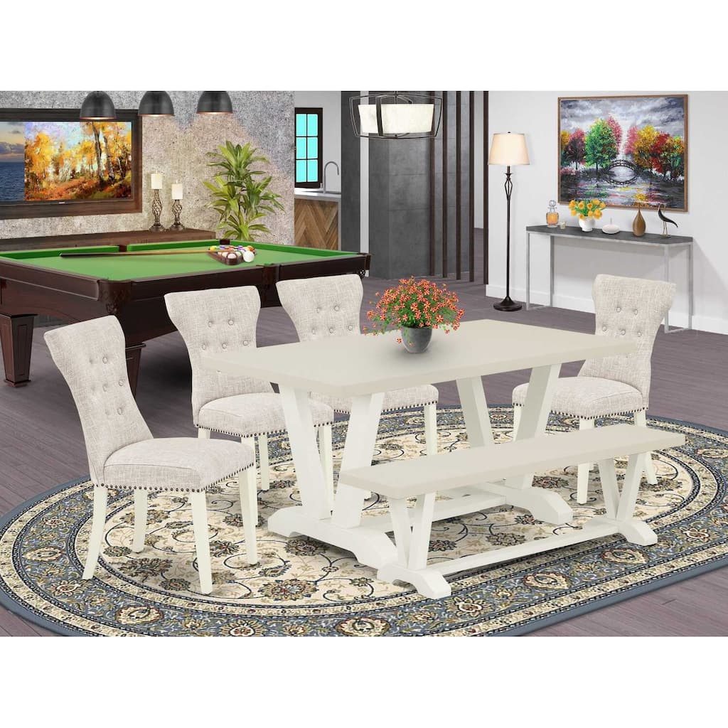 HomeStock 6-Pc Rectangle Natural Oak Finish Solid Wood Top Dining Table with 1-Bench, 4-Chairs
