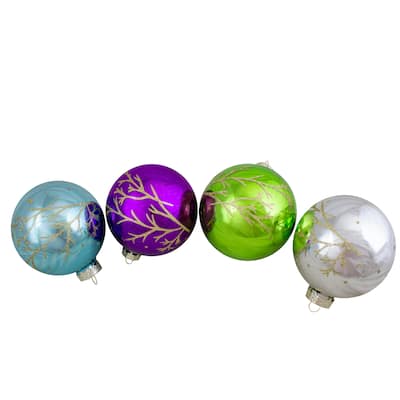 Set of 4 Multi-Color Shiny Glass Ball Christmas Ornaments 4-Inch (100mm) - 4"