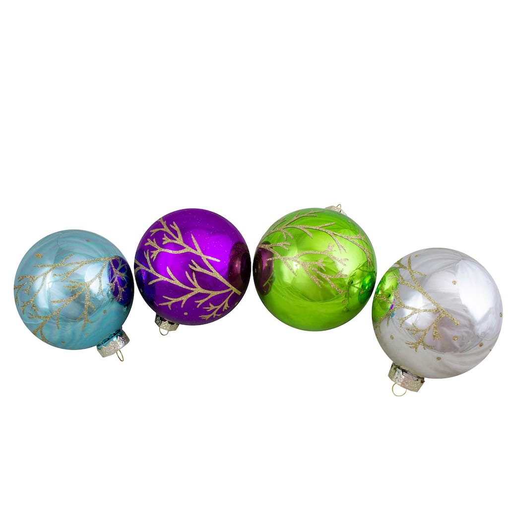 Set of 4 Multi-Color Shiny Glass Ball Christmas Ornaments 4-Inch (100mm) - 4"