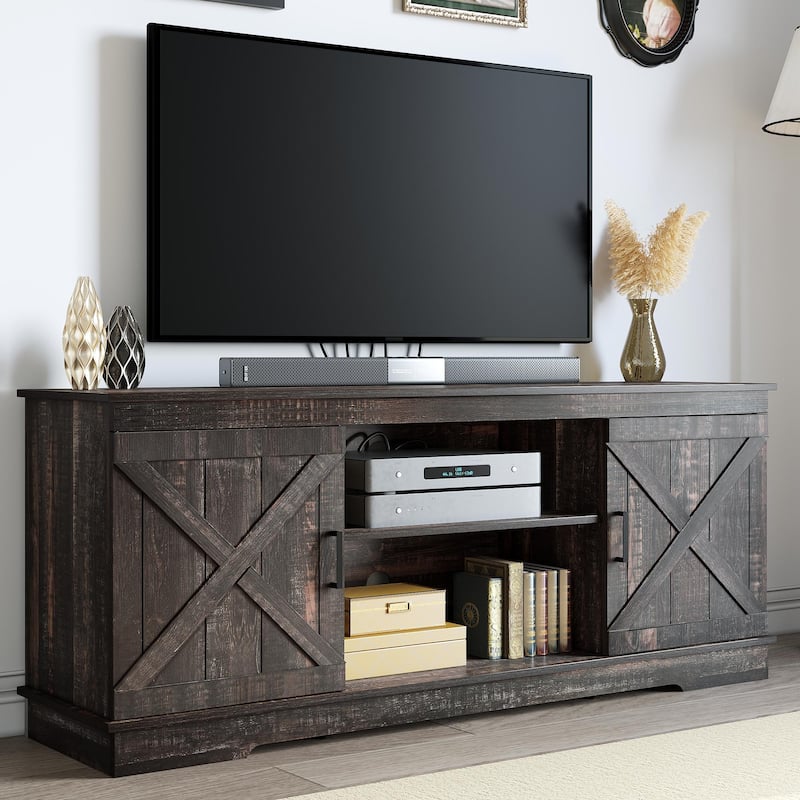Farmhouse TV Stand for 65 Inch TV Media Console Entertainment Center Rustic Barn Doors - Dark Oak