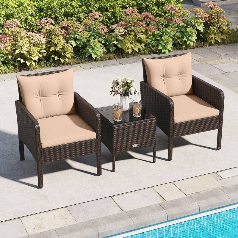 Gymax 3 PCS Patio PE Wicker Furniture Set w/Cushions & Tempered Glass - Beige
