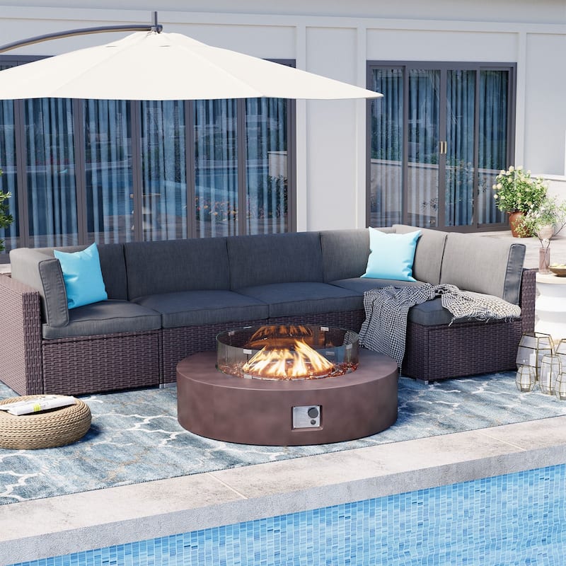 SUNBURY 42''Round Propane Fire Pit w Wind Guard and Fire Glass