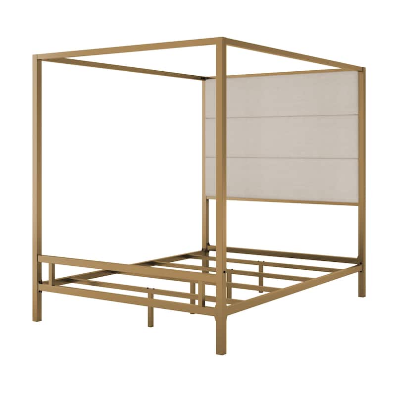 Metal 4-Poster Bed Frame Modern Canopy Upholstered Bed with Tall Upholstered Headboard