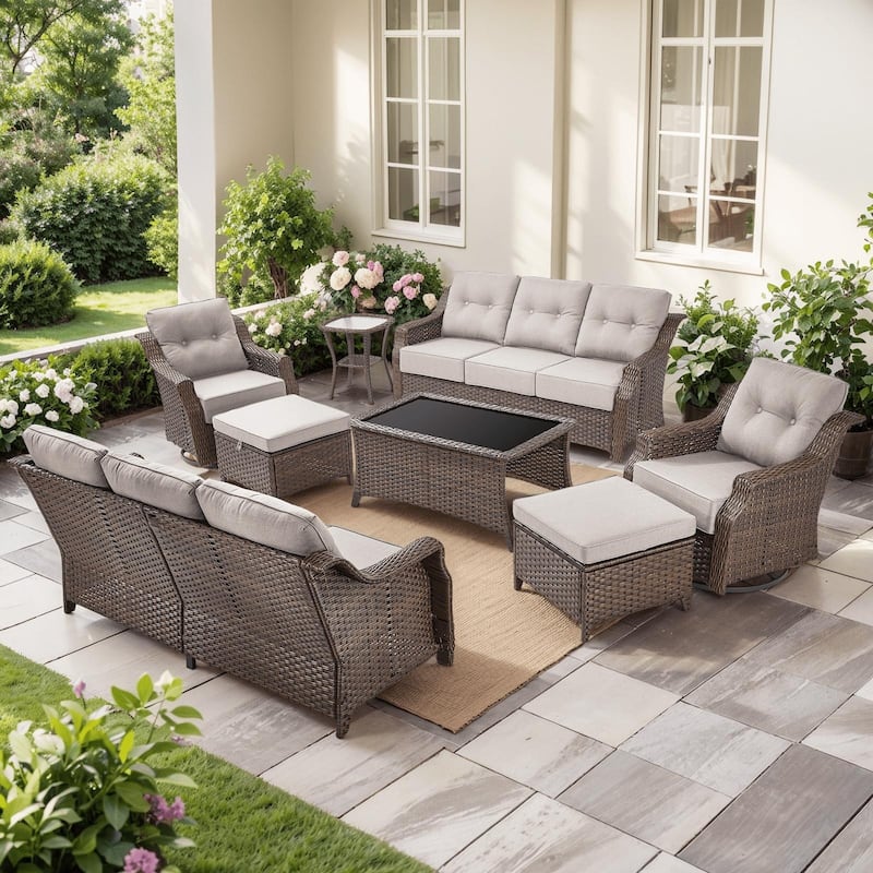 8PCS Outdoor Sofa Glider Chair Table and Ottoman - Brown Wicker & Beige Cushion - 8PCS Sofa Glider Chair Table and Ottoman