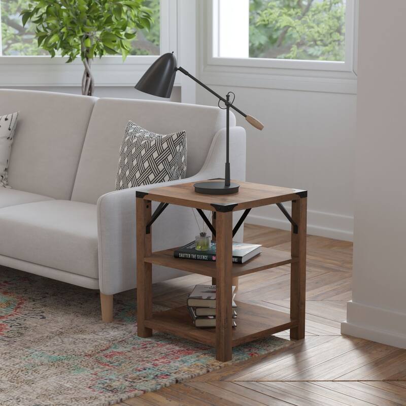 3-Tier Side Table with Metal Side Braces and Corner Caps - Rustic Oak