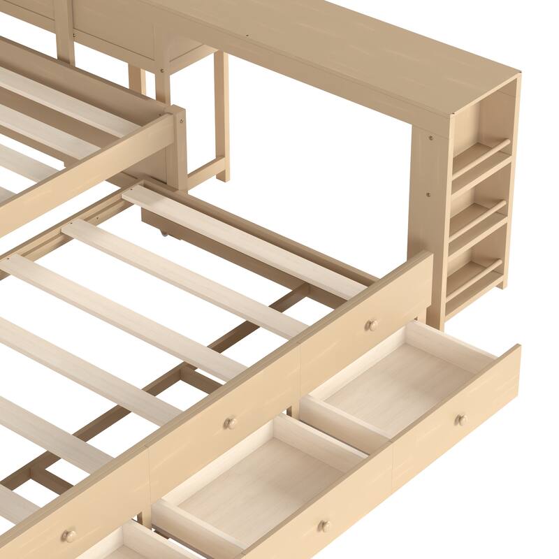 Full/Twin Daybed with Trundle & Storage Drawers - Wood Frame with Side Shelves and Desk