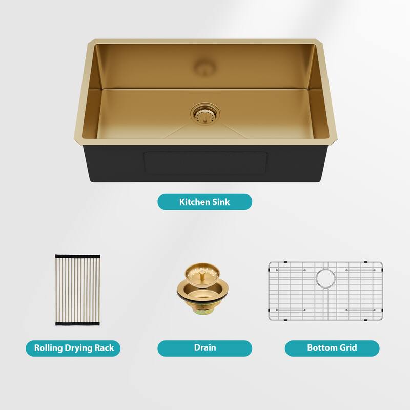 32" Undermount 16 Gauge Single Bowl Stainless Steel Kitchen Sink in Gold - 32'' x 19'' x 10''