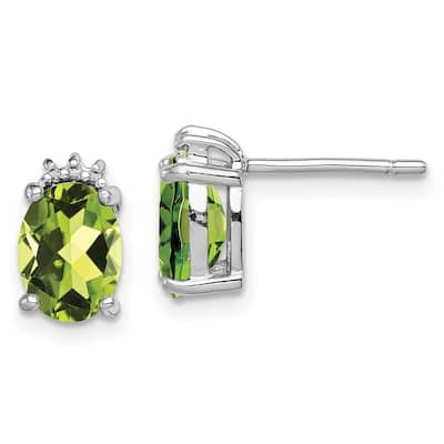 Curata 925 Sterling Silver Polished Rhodium Oval Peridot and Diamond Post Earrings - 10x6mm Wide