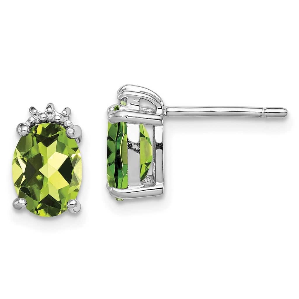 Curata 925 Sterling Silver Polished Rhodium Oval Peridot and Diamond Post Earrings - 10x6mm Wide