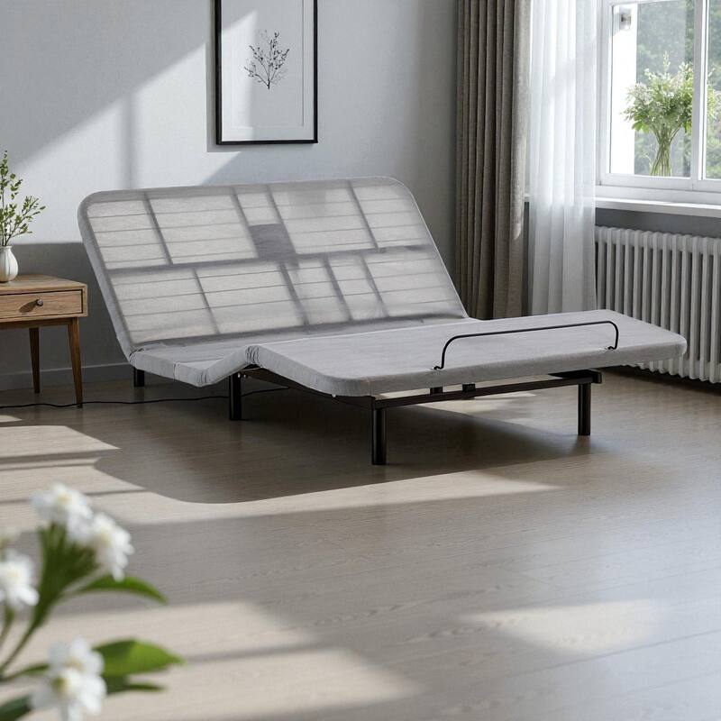 Queen Upholstered Wingback Bed with Adjustable Base, Ivory Chenille, Head & Foot Incline, Zero Gravity, Massage, App & Remote