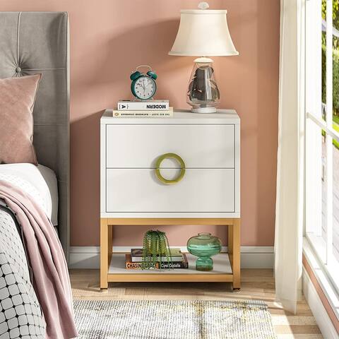 2 Drawer Nightstand Modern Night Stands Beside Table, White and Gold