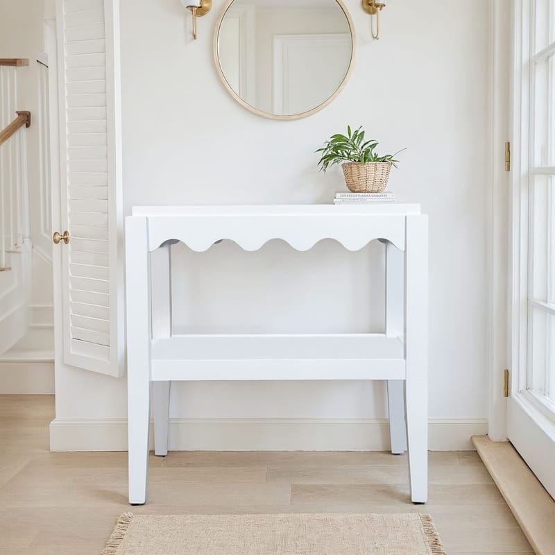 Carolina Chair & Table Rectangular Side Table, Mango Wood, Decorative Scallop Edge, 17L x 28W x 28H inches - White