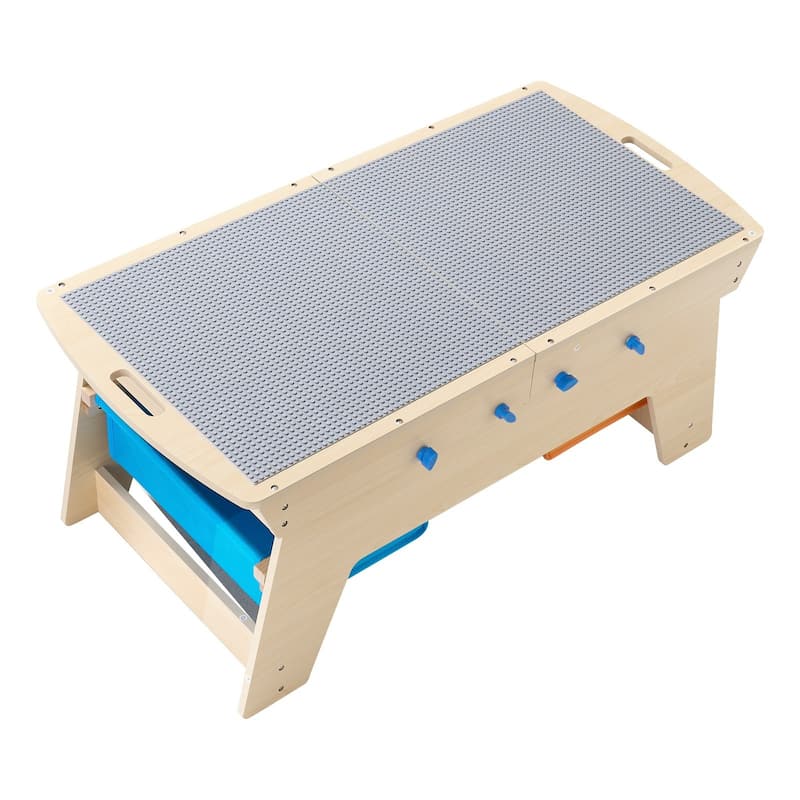 Natural Wooden Kids Table with 3 Storage Bins and Bricks - 35.6 x 19.6 x 15.5 in