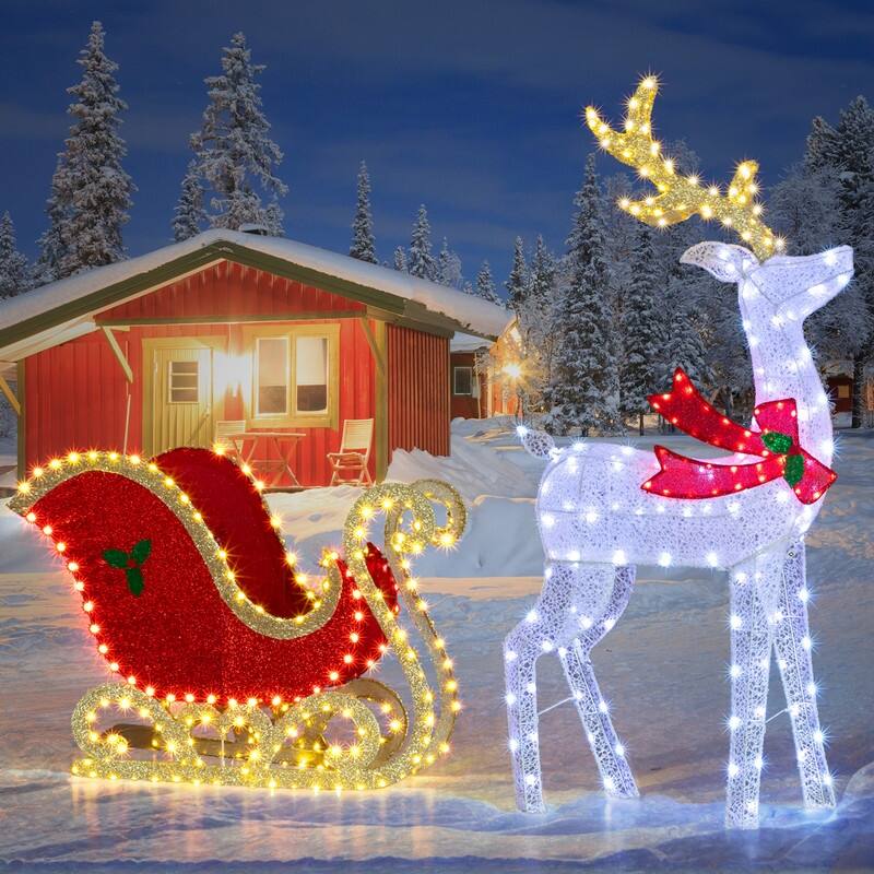 5FT Lighted Reindeer Pulling Sleigh Christmas Decorations Outdoor Indoor Decor Lighted Holiday Displays - Gold+White