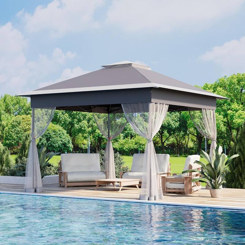 Bezseller 11' x 11' Pop -up Gazebo Tent with Mosquito Netting, Outoor Canopy Tent for Patio Garden Backyard Party - Grey