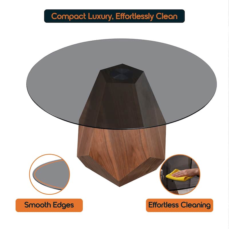 Nebo Round 47" Tempered Glass or Sintered Stone Top Dining Table with Geometric Design Ashwood Pedestal Base Kitchen Table