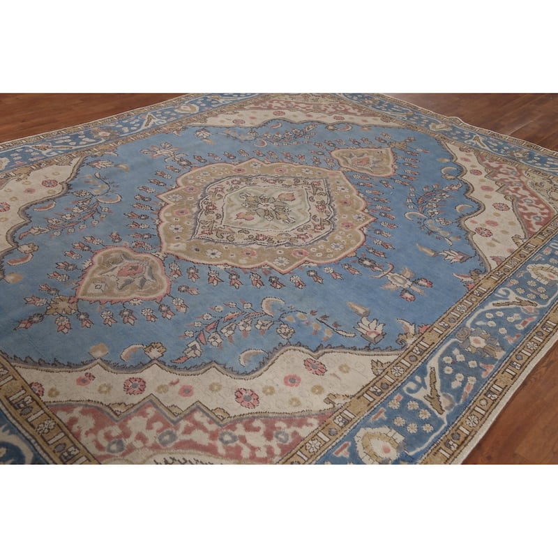 Blue Geometric Tabriz Persian Vintage Rug Hand-Knotted Wool Carpet - 8'2"x 10'9"