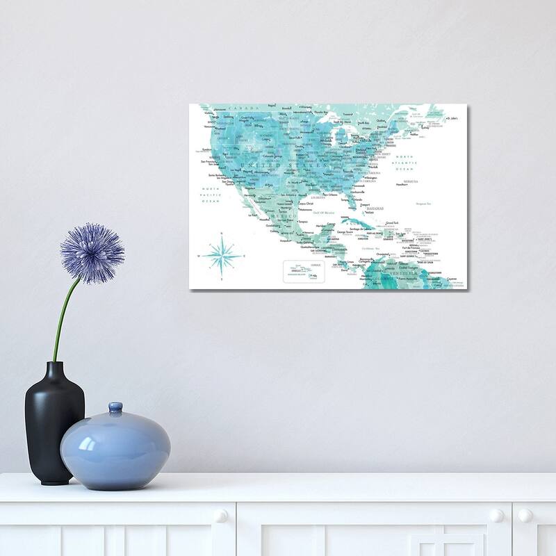 iCanvas "Map Of The Usa And The Caribbean Area In Aquamarine Watercolor" by blursbyai Canvas Print - 12x18x1.5