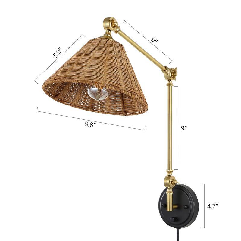 WINGBO Gold Rattan Swing Arm Wall Lamp Set of 2 Adjustable Wall Mounted Sconce - N/A