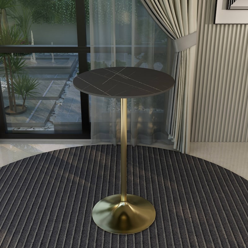 LeisureMod Verve 27" Bar Dining Table with Sintered Stone Round Top in Gold Steel, Gold Marbleized
