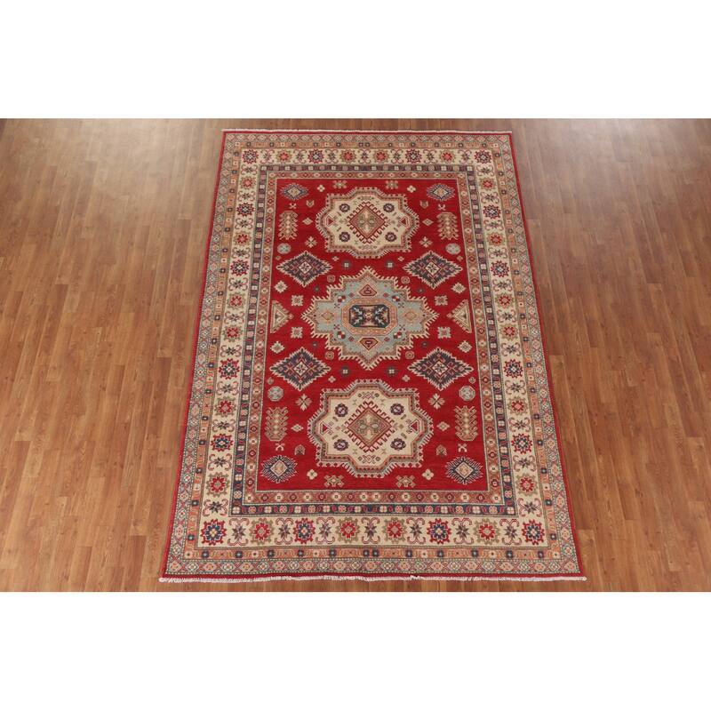 Hand Knotted Oriental 100% Wool Carpet Traditional Geometric Red Kazak Area Rug - 9' 10'' X 6' 7''