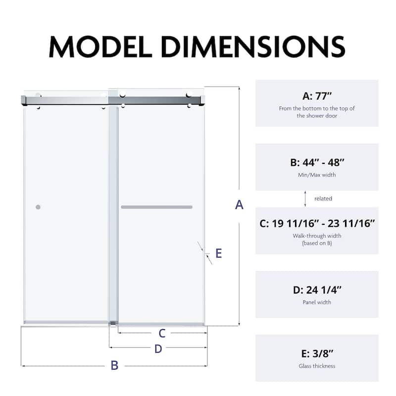 SP Series 44" - 48" W x 77" H Contemporary Frameless Double Sliding Shower Door with 3/8" Clear Tempered Glass