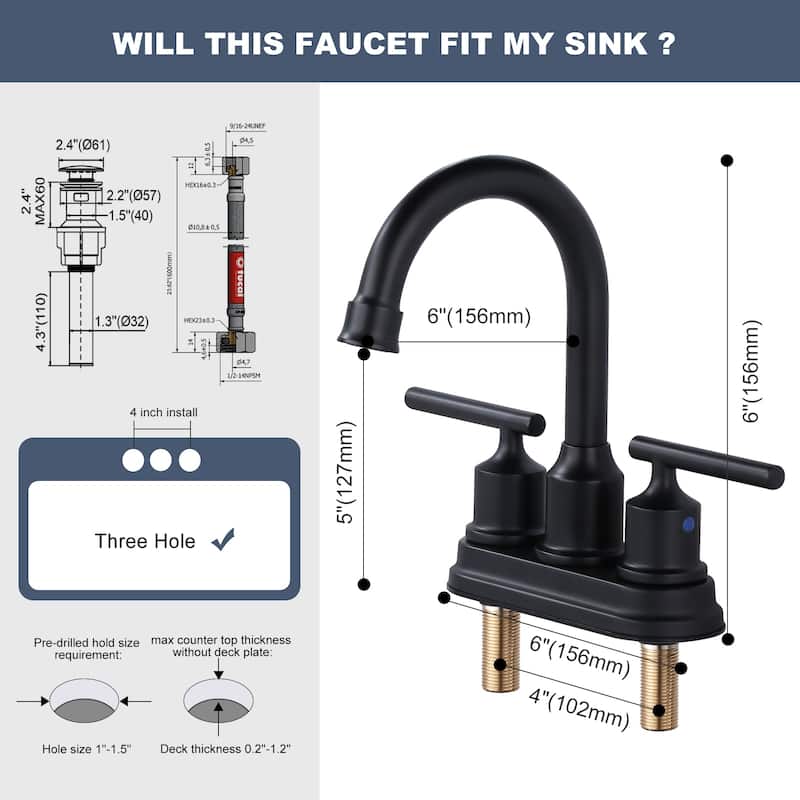 WOWOW 4 in. Centerset Double Handle Bathroom Faucet with Drain Kit Included