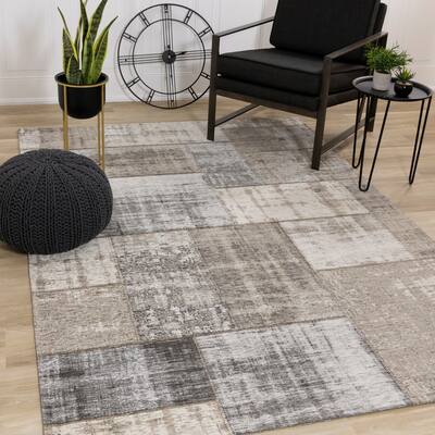 Kylie Collection - Grey/Cream Vintage Patchwork Rug - 7'6" x 10'10"