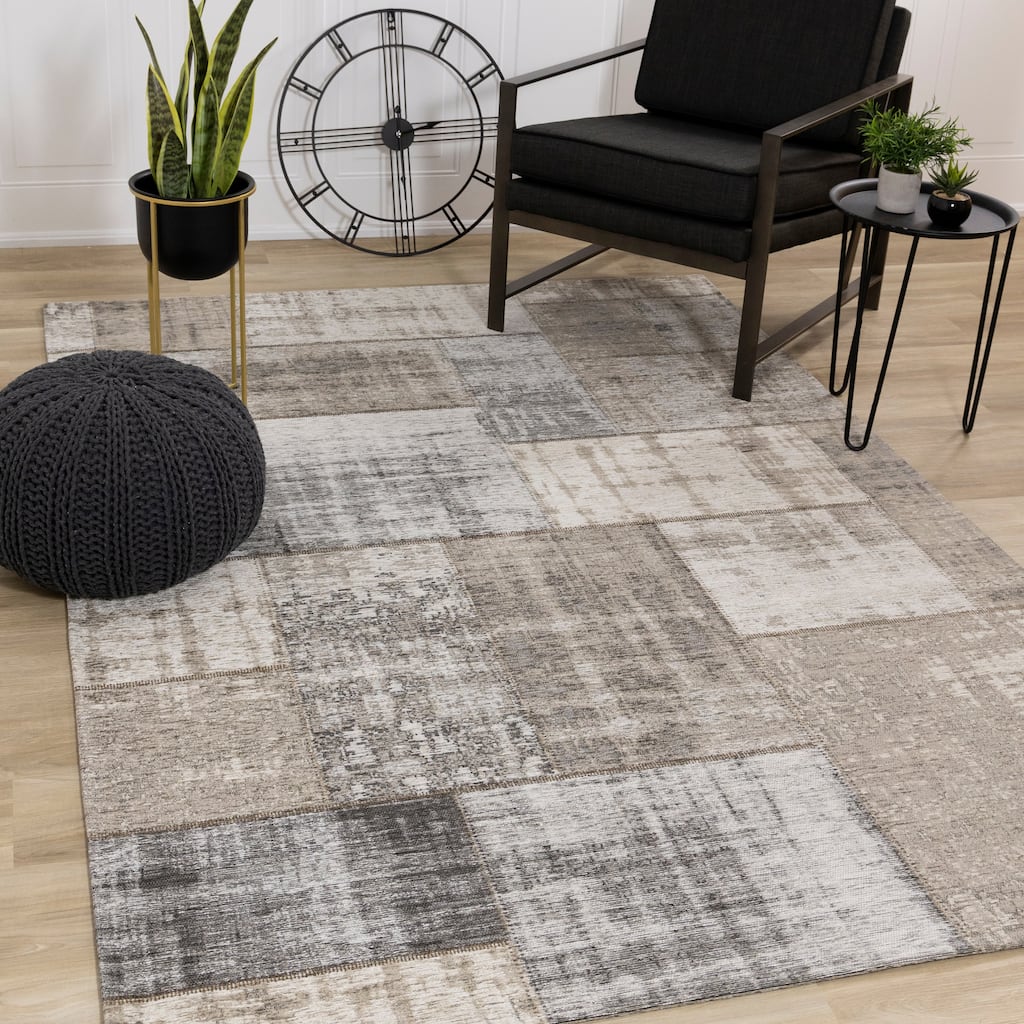 Kylie Collection - Grey/Cream Vintage Patchwork Rug - 7'6" x 10'10"