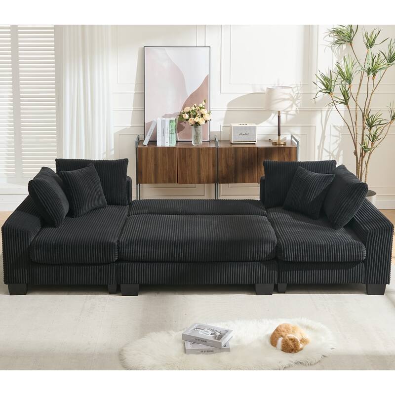 114" U-Shaped Corduroy Pull Out Sleeper Bed Sofa Chaise with Pillows