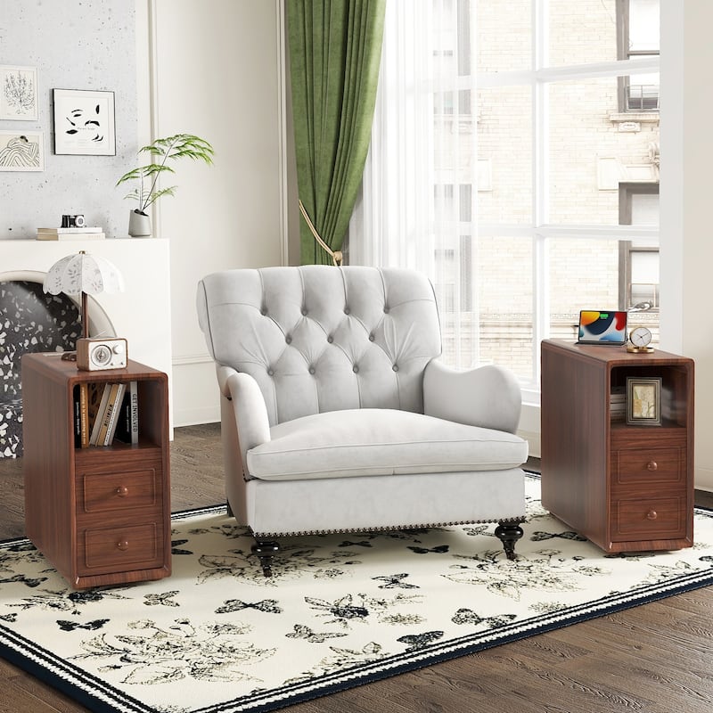 Tall Narrow Side Table Reversible Corner End Table with Charging Station, Storage Drawers and Open Shelves