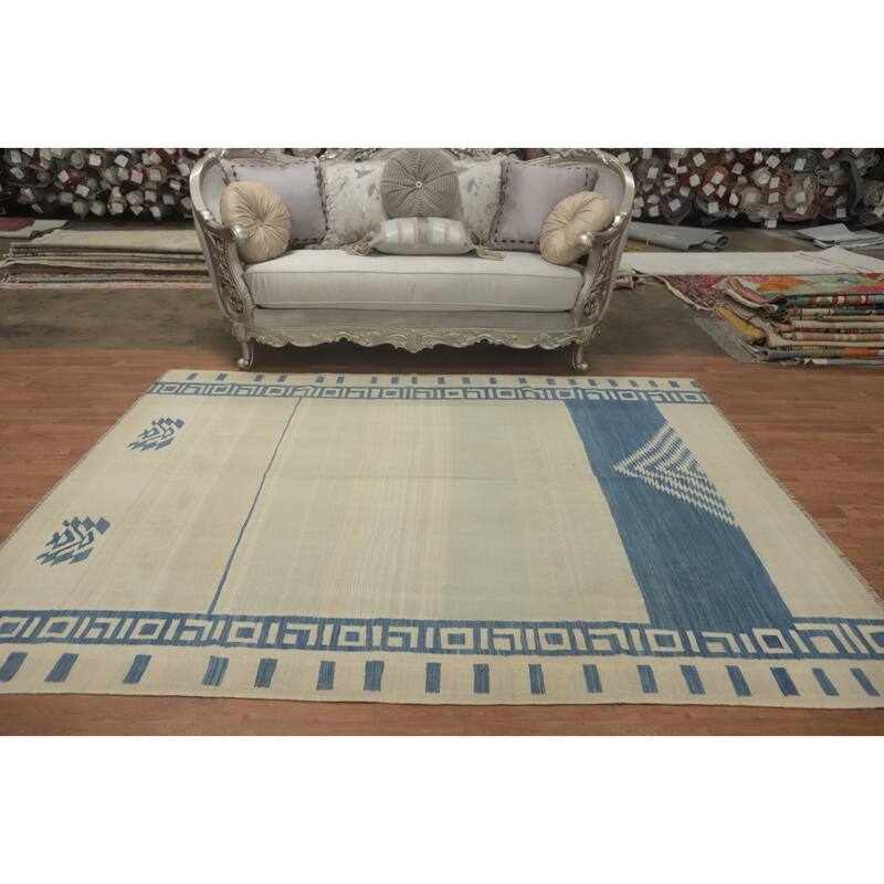 Hand Woven Oriental 100% Wool Carpet Southwestern Tribal Beige & Ivories Kilim Area Rug - 8' 5'' X 6' 8''