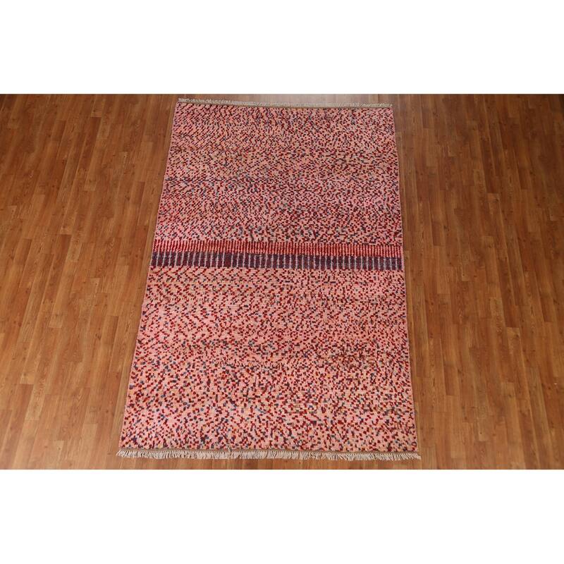 Hand Knotted Oriental 100% Wool Carpet Modern Checkered Pink Moroccan Area Rug - 8' 2'' X 5' 5''