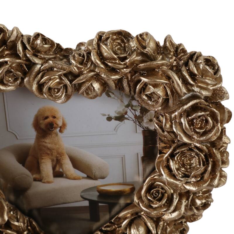 Polyresin Heart Shape Photo Frame 3D Rose Glam Style Decor - 6" Gold