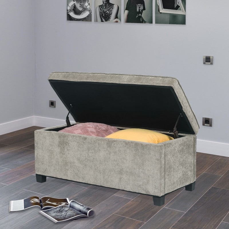 Adeco Rectangular Storage Ottoman Bench Fabric Linen Footstool Assembly Required