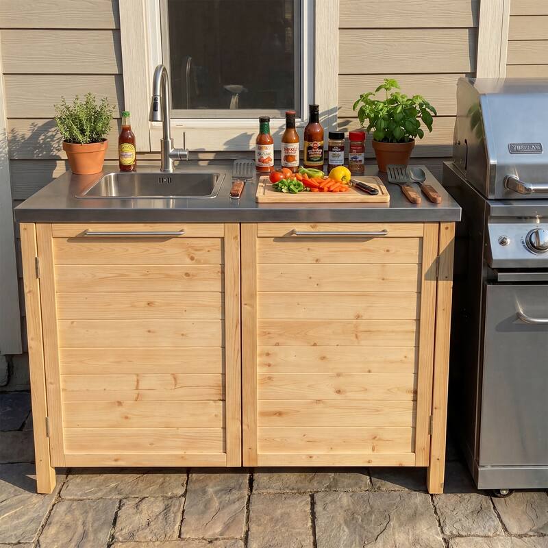 Modular Outdoor Kitchen Island Set, 100% Solid Wood BBQ Cabinet , Patio Kitchen Bar Table