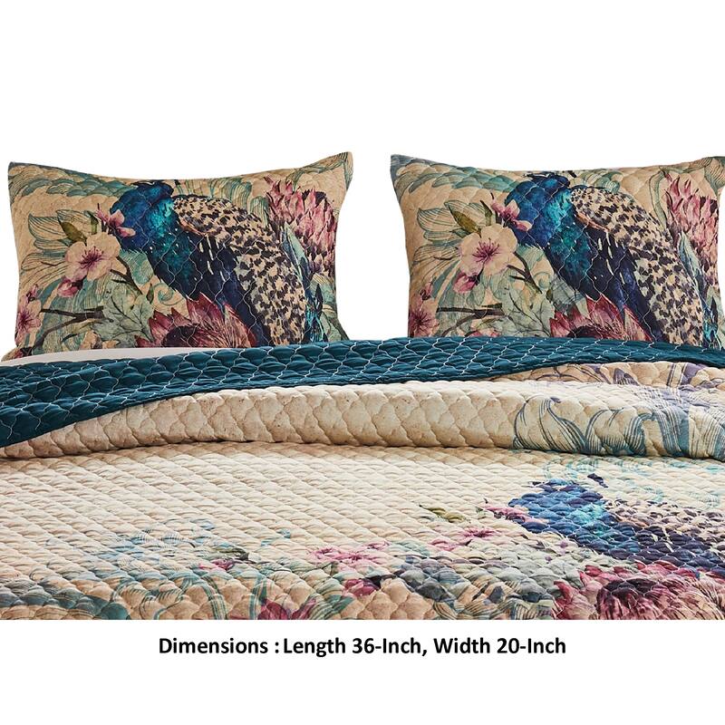 Ufa 36 Inch Quilted King Pillow Sham, Peacock Print, Vermicelli Stitching - Blue, Orange, Red