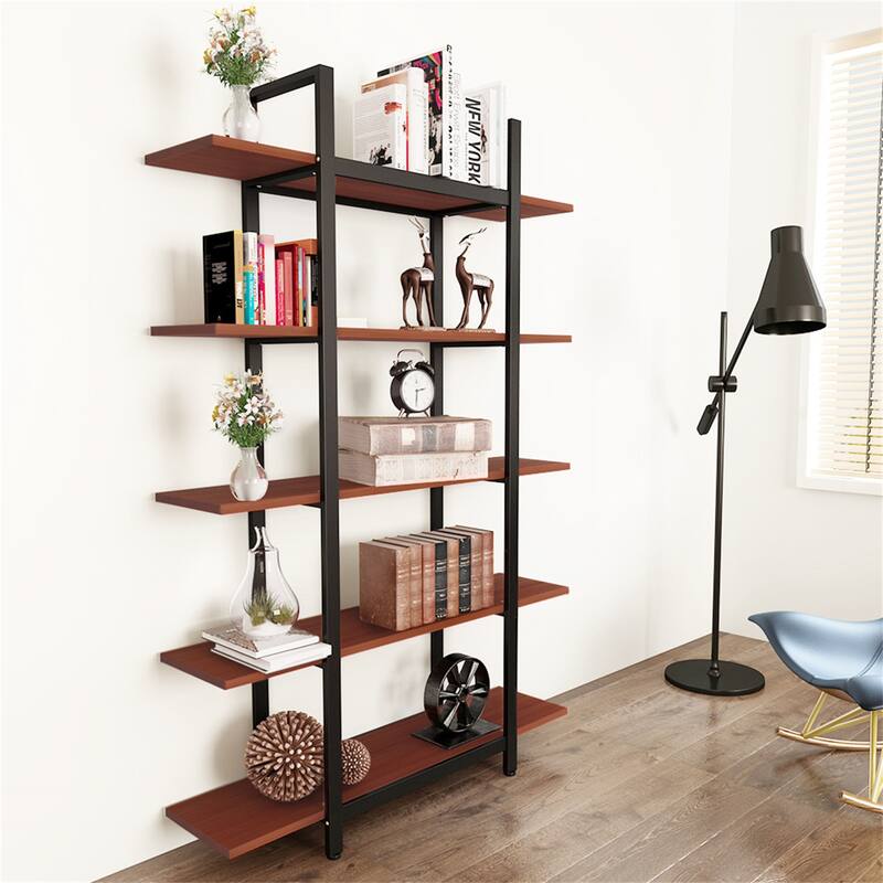 Brown Vintage Industrial 5-Tier Etagere Bookcase, White/ Gold Modern Display Bookshelf
