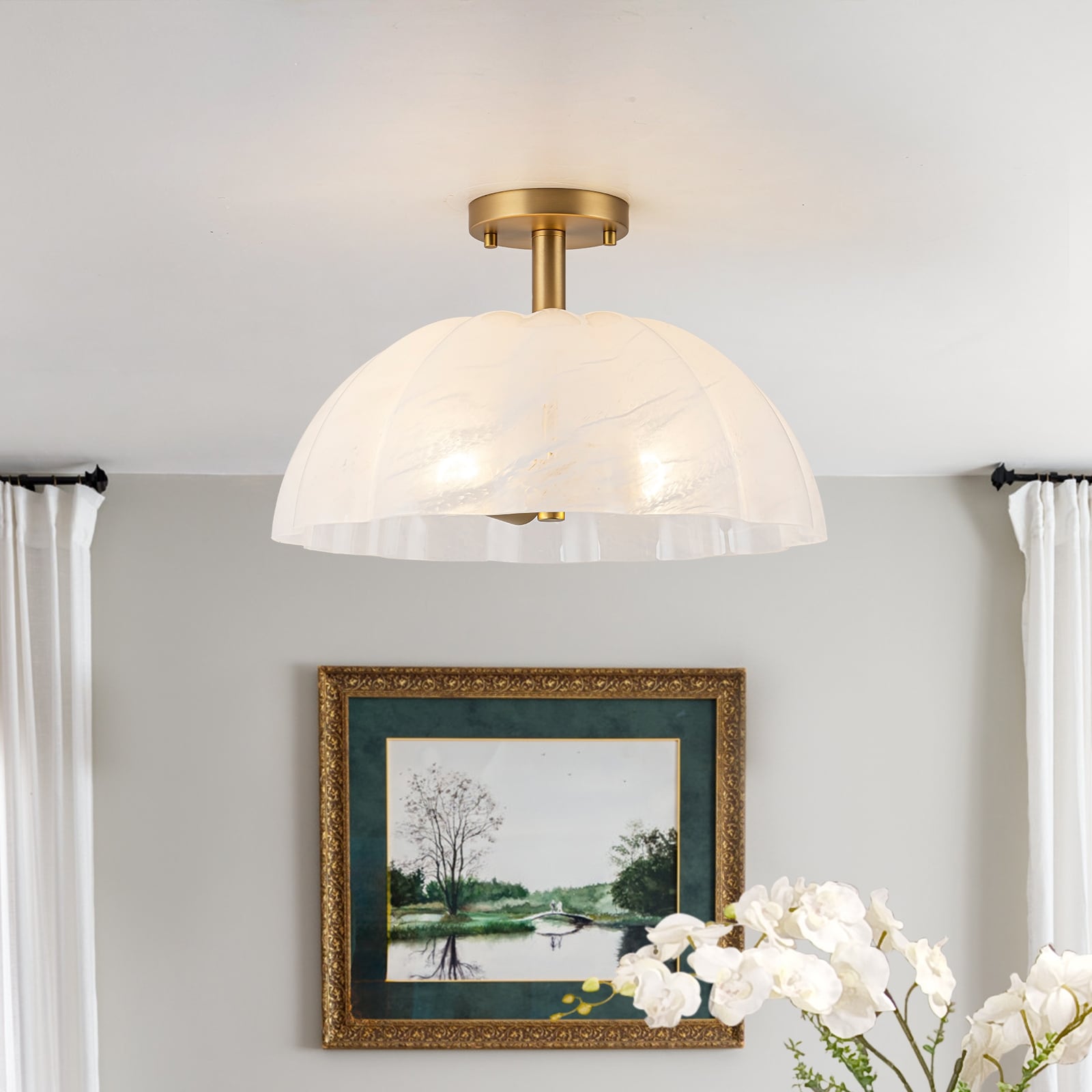 Modern 2-Light Cloud Glass Dome Semi Flush Mount Ceiling Light - Brass - 16" W × 9.5" H