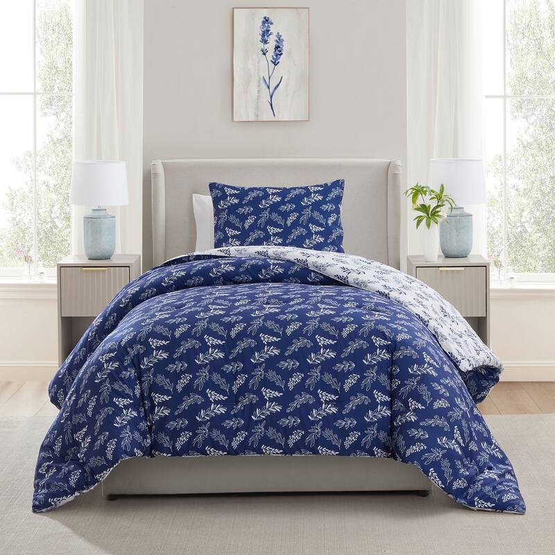 Empyrean 3PC Reversible Botanical Printed Comforter Bedding Set - Majestic Blue - Twin