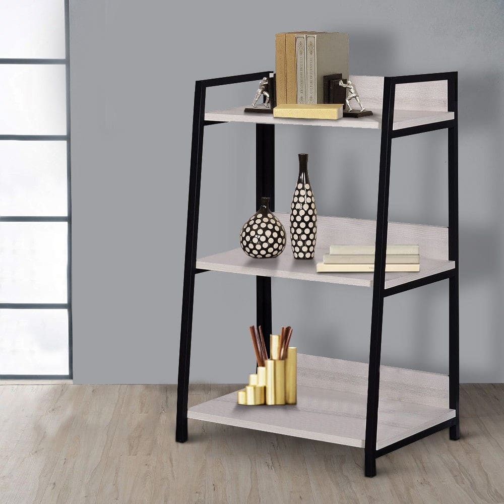 Wooden Bookshelf with 3 Open Compartments, Washed White and Black - 37 H x 16 W x 24 L Inches