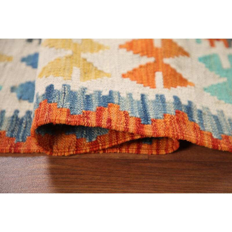 Hand Woven Oriental 100% Wool Carpet Southwestern Geometric Multi-Colored Kilim Area Rug - 3' 8'' X 2' 7''