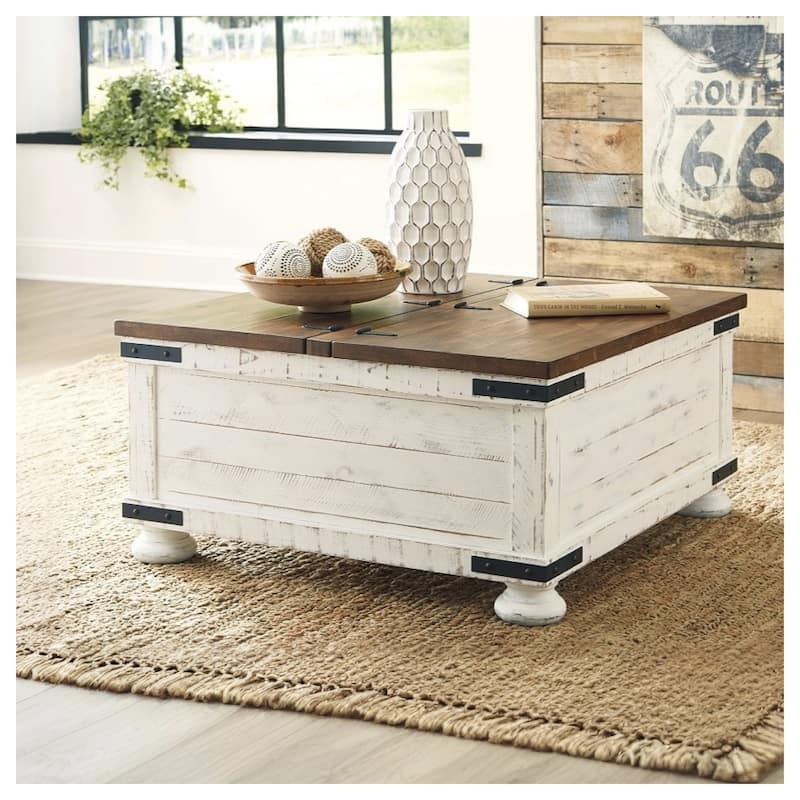 Signature Design by Ashley Wystfield Antiqued Ivory and Brown Pine Coffee Table - White/Brown - Wood/Veneer